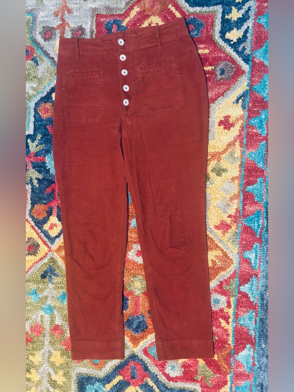 Free People High-Rise Button-Front velvety pants in burnt orange